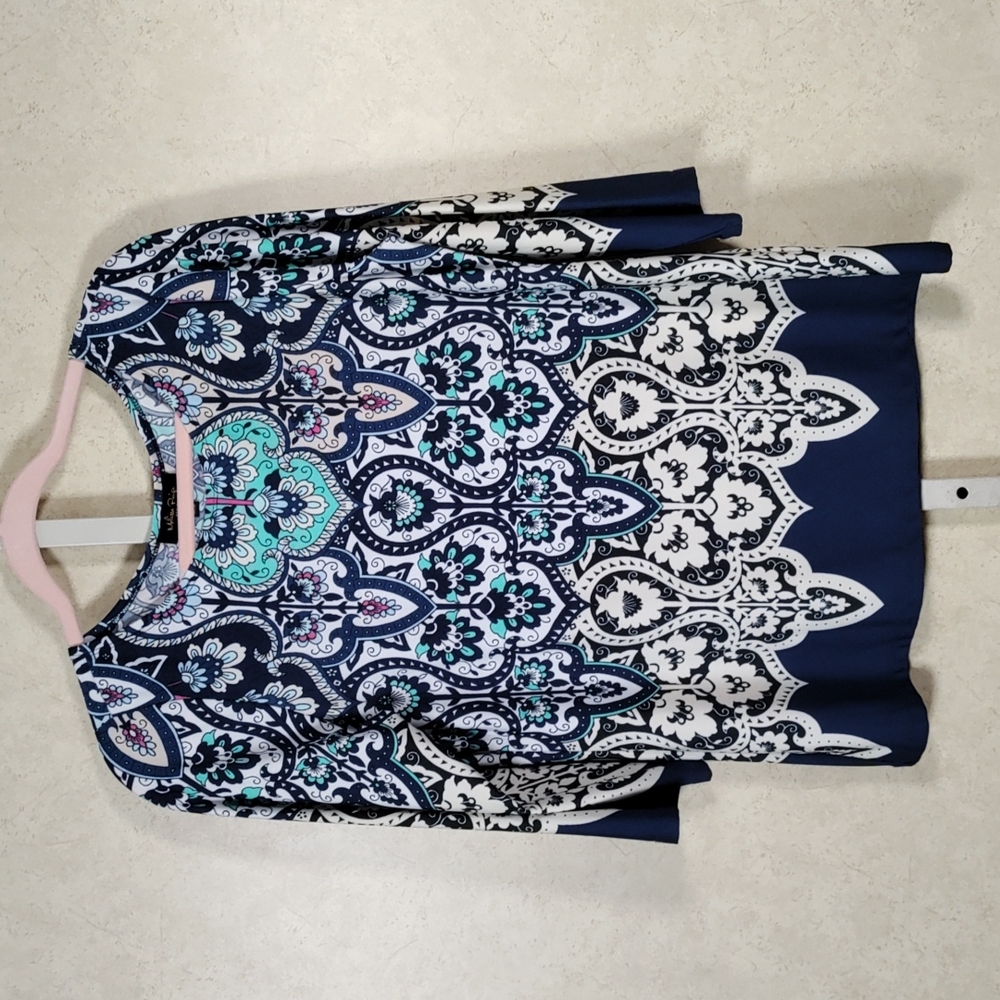 2/$10 05123 Melissa Paige navy & aqua paisley knit blouse MP